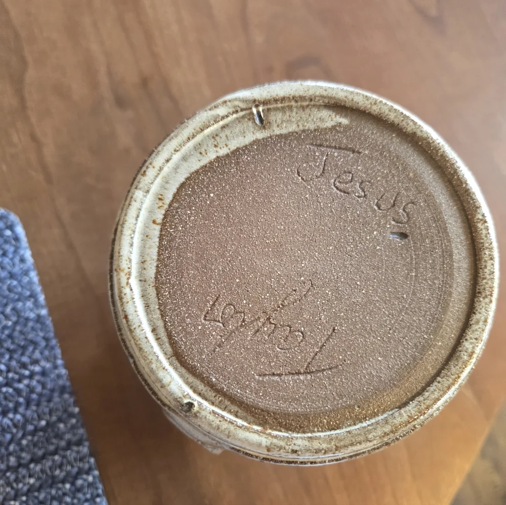 Pottery Crock Marked 'Spoons' Tan/Gray Glaze With Blue Wheat Sheafs
